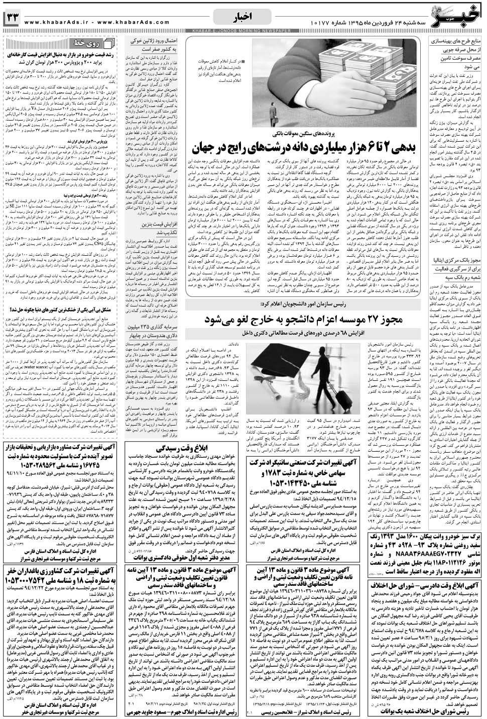 مشاهده صفحه ۳۳ روزنامه خبرجنوب تاریخ ۲۴  سال ۱۳۹۵
