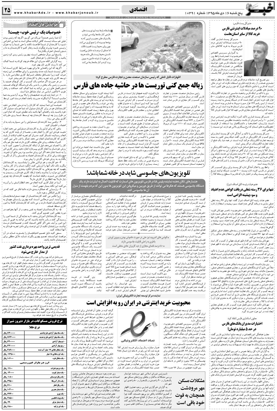 مشاهده صفحه ۲۵ روزنامه خبرجنوب تاریخ ۱۶ دی سال ۱۳۹۵