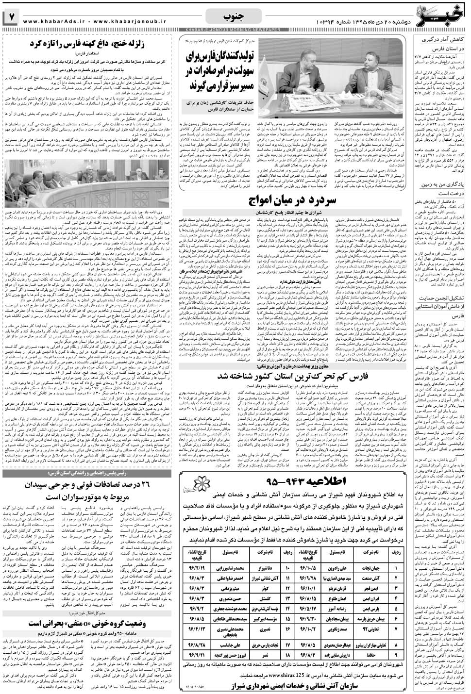 مشاهده صفحه ۷ روزنامه خبرجنوب تاریخ ۲۰ دی سال ۱۳۹۵