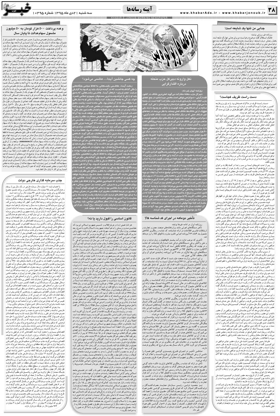 مشاهده صفحه ۳۸ روزنامه خبرجنوب تاریخ ۲۱ دی سال ۱۳۹۵