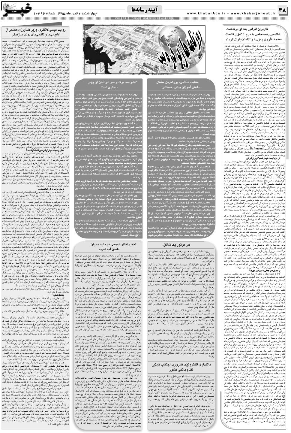 مشاهده صفحه ۳۸ روزنامه خبرجنوب تاریخ ۲۲ دی سال ۱۳۹۵