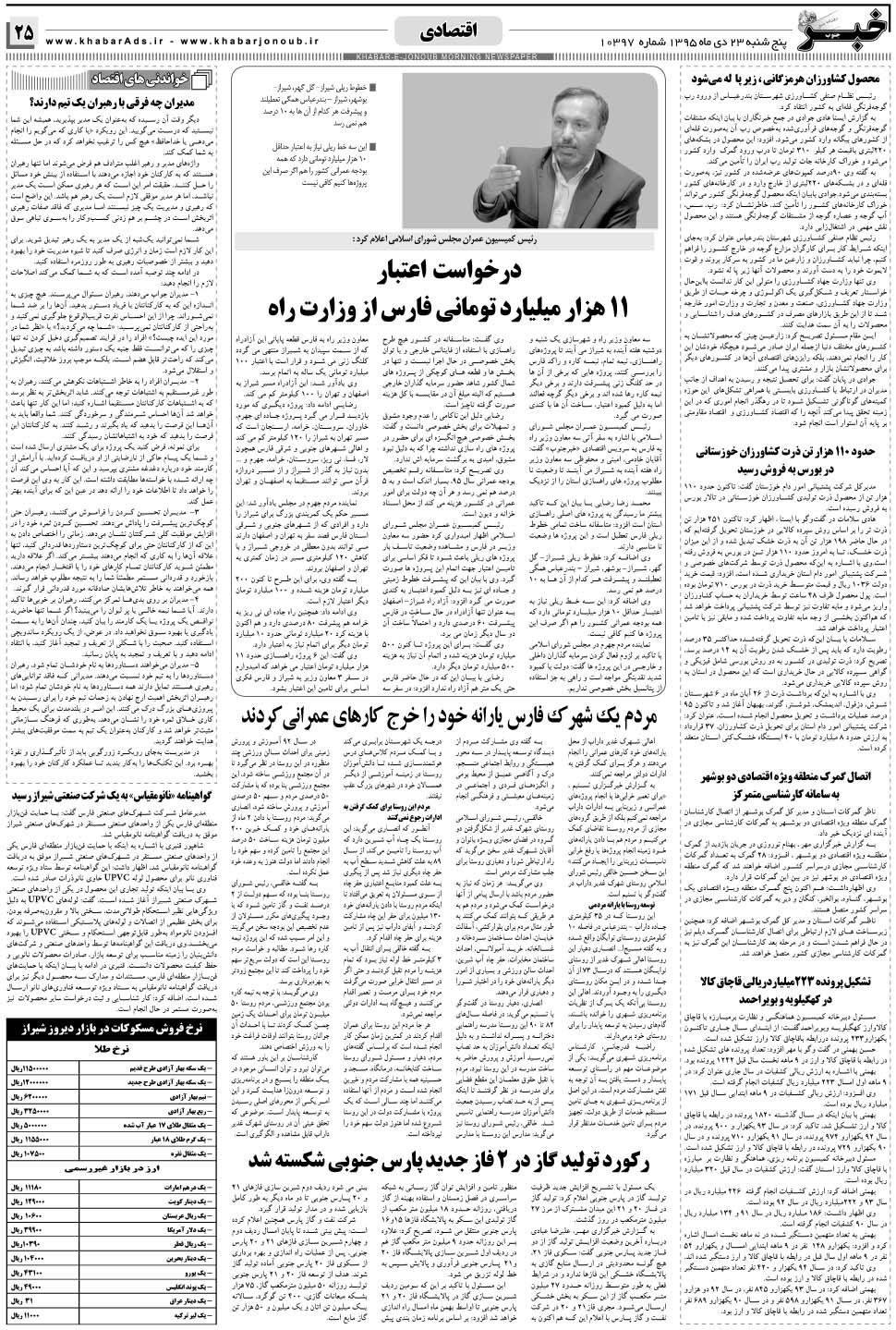 مشاهده صفحه ۲۵ روزنامه خبرجنوب تاریخ ۲۳ دی سال ۱۳۹۵