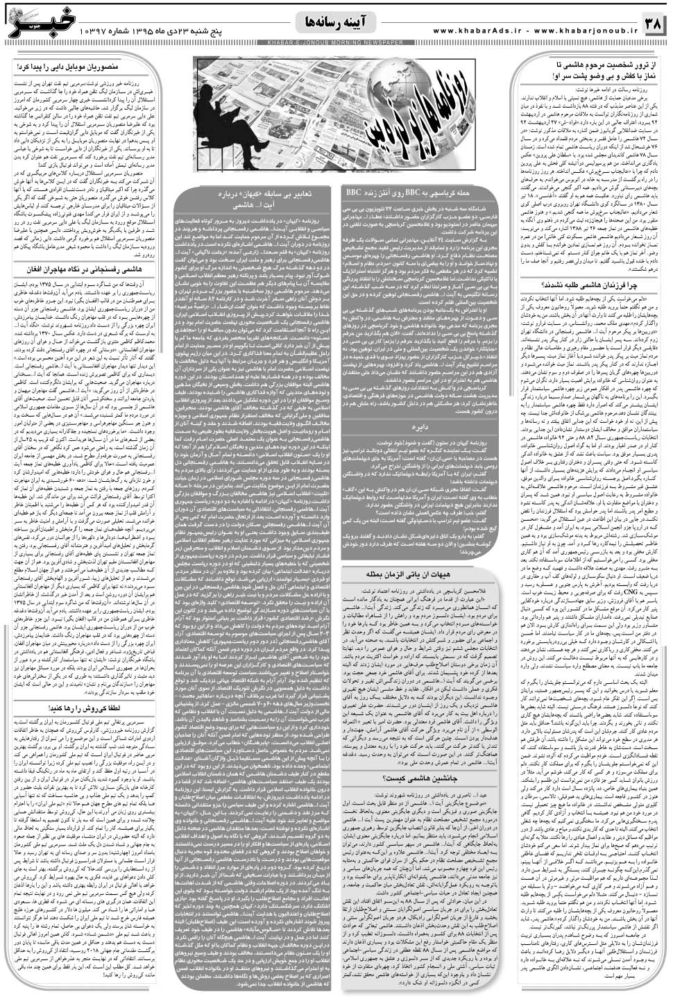 مشاهده صفحه ۳۸ روزنامه خبرجنوب تاریخ ۲۳ دی سال ۱۳۹۵