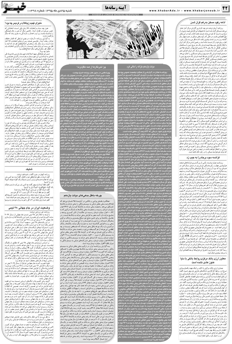 مشاهده صفحه ۴۲ روزنامه خبرجنوب تاریخ ۲۵ دی سال ۱۳۹۵
