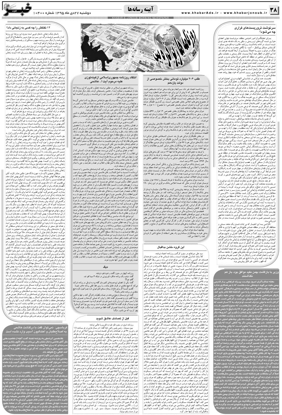 مشاهده صفحه ۳۸ روزنامه خبرجنوب تاریخ ۲۷ دی سال ۱۳۹۵