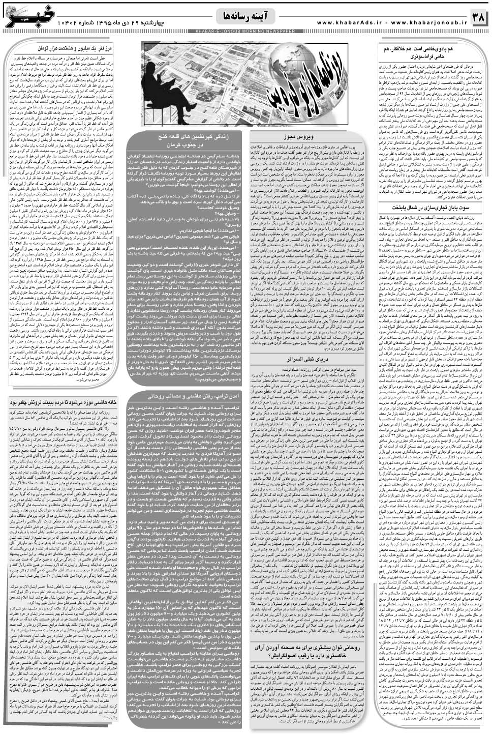مشاهده صفحه ۳۸ روزنامه خبرجنوب تاریخ ۲۹ دی سال ۱۳۹۵