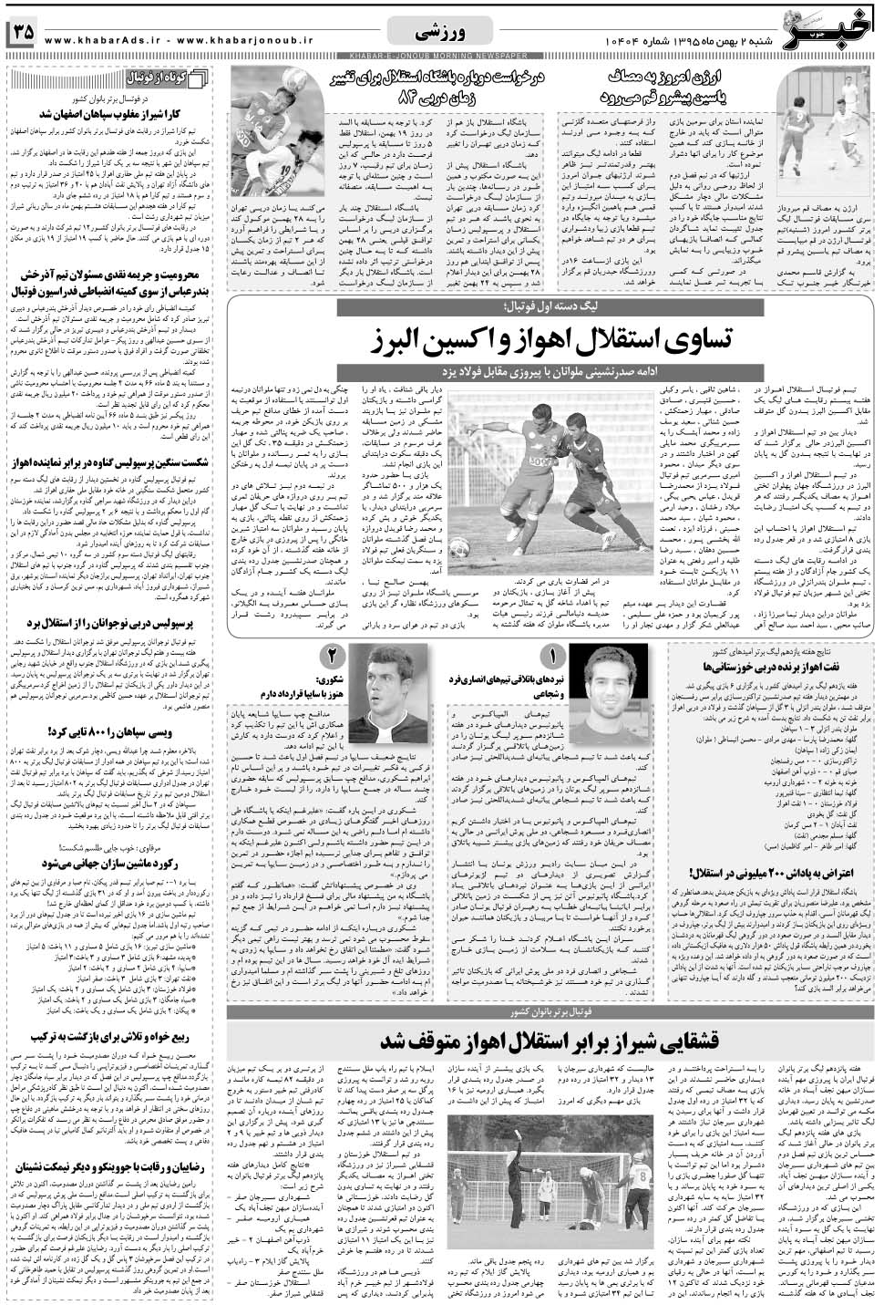 مشاهده صفحه ۳۵ روزنامه خبرجنوب تاریخ ۲ بهمن سال ۱۳۹۵