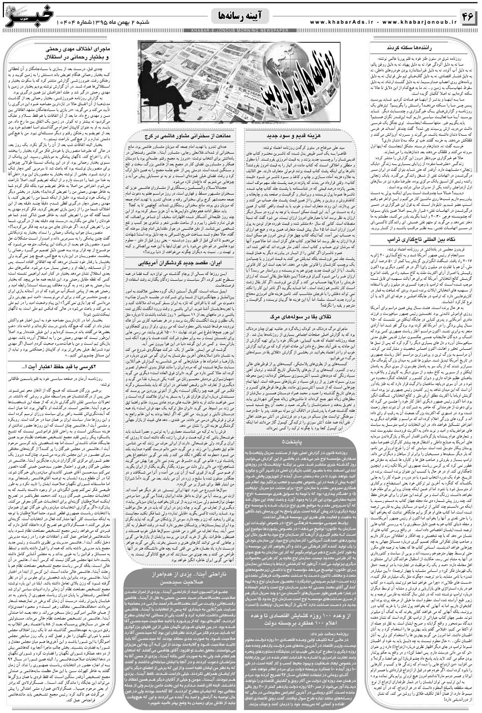 مشاهده صفحه ۴۶ روزنامه خبرجنوب تاریخ ۲ بهمن سال ۱۳۹۵