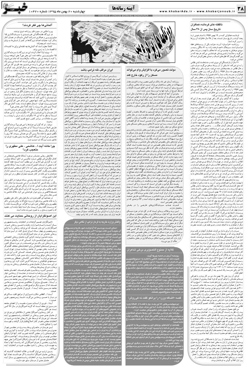 مشاهده صفحه ۳۸ روزنامه خبرجنوب تاریخ ۲۰ بهمن سال ۱۳۹۵