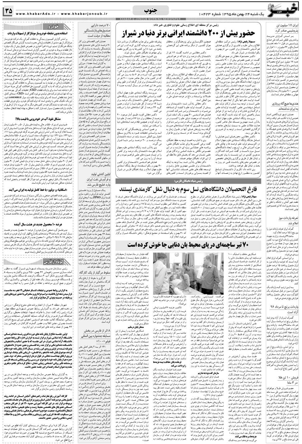مشاهده صفحه ۳۵ روزنامه خبرجنوب تاریخ ۲۴ بهمن سال ۱۳۹۵
