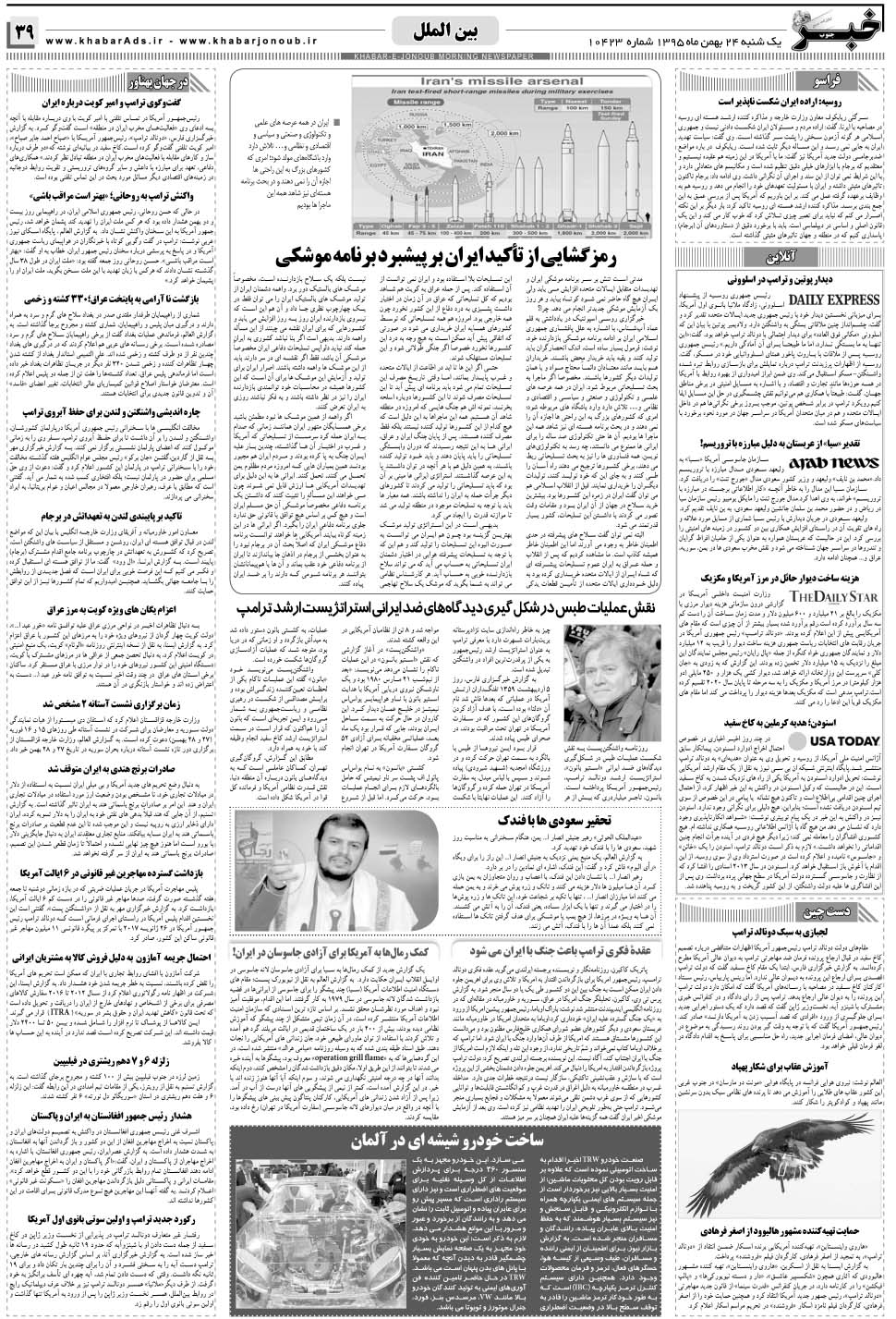 مشاهده صفحه ۳۹ روزنامه خبرجنوب تاریخ ۲۴ بهمن سال ۱۳۹۵