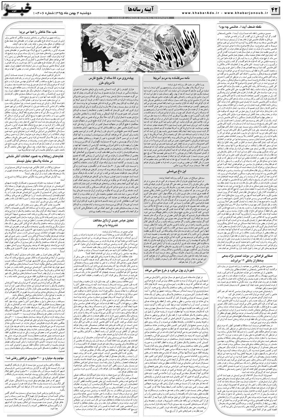 مشاهده صفحه ۴۲ روزنامه خبرجنوب تاریخ ۴ بهمن سال ۱۳۹۵