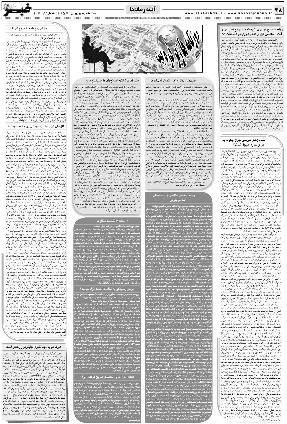 مشاهده صفحه ۳۸ روزنامه خبرجنوب تاریخ ۵ بهمن سال ۱۳۹۵