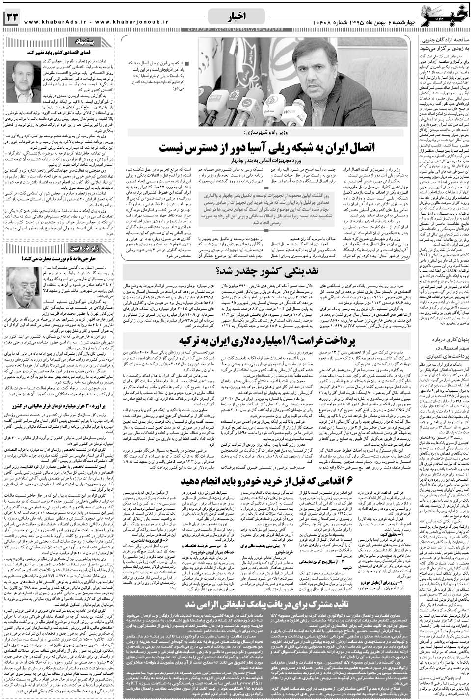 مشاهده صفحه ۳۳ روزنامه خبرجنوب تاریخ ۶ بهمن سال ۱۳۹۵