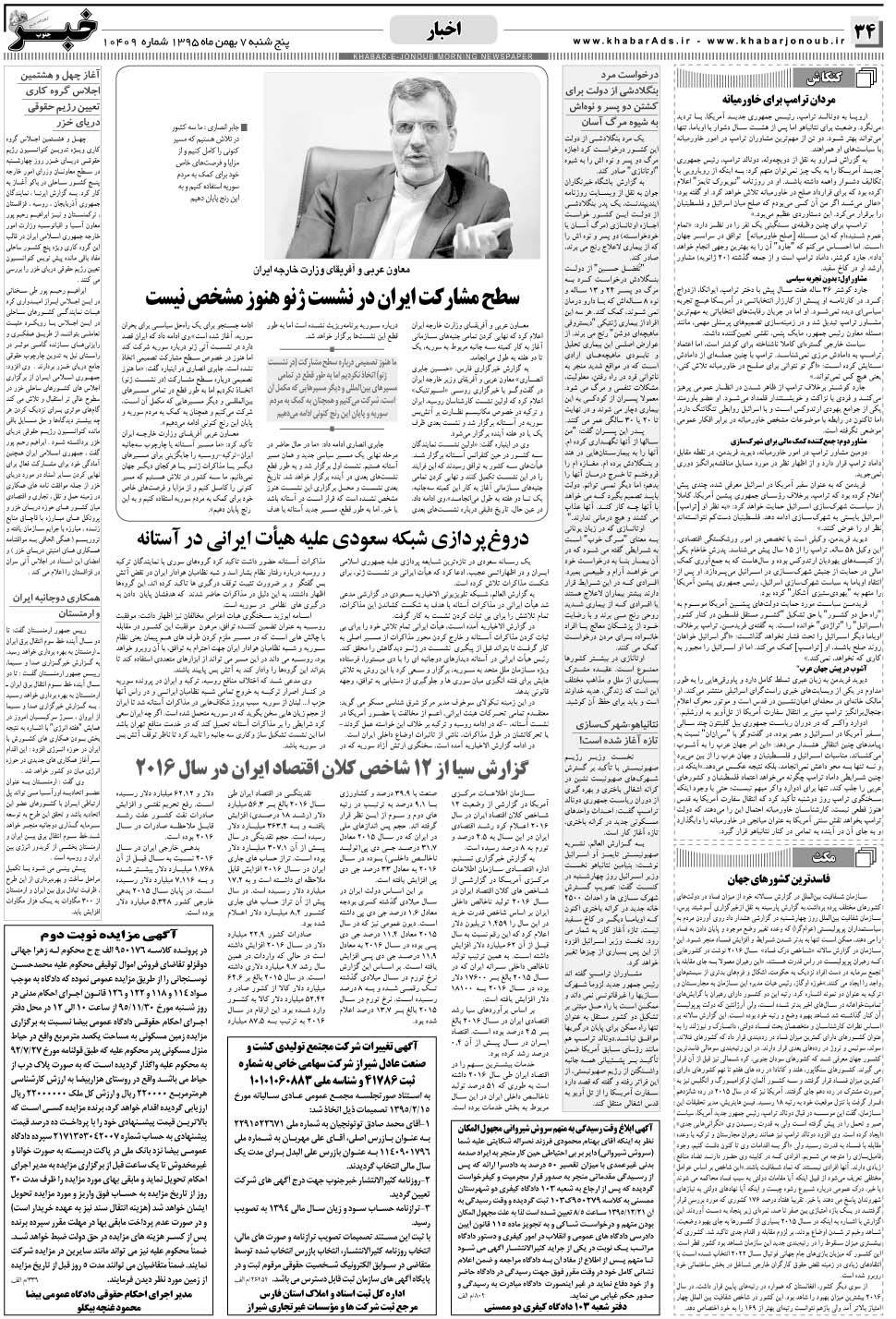 مشاهده صفحه ۳۴ روزنامه خبرجنوب تاریخ ۷ بهمن سال ۱۳۹۵