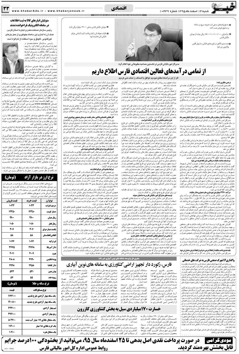 مشاهده صفحه ۳۳ روزنامه خبرجنوب تاریخ ۱۴ اسفند سال ۱۳۹۵