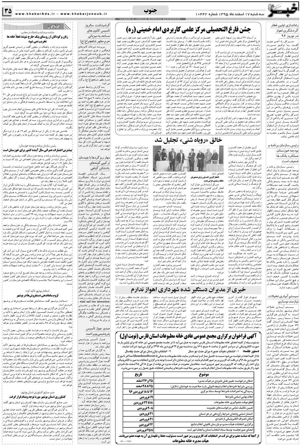 مشاهده صفحه ۳۵ روزنامه خبرجنوب تاریخ ۱۷ اسفند سال ۱۳۹۵