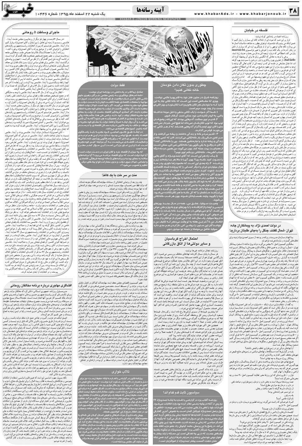 مشاهده صفحه ۳۸ روزنامه خبرجنوب تاریخ ۲۲ اسفند سال ۱۳۹۵