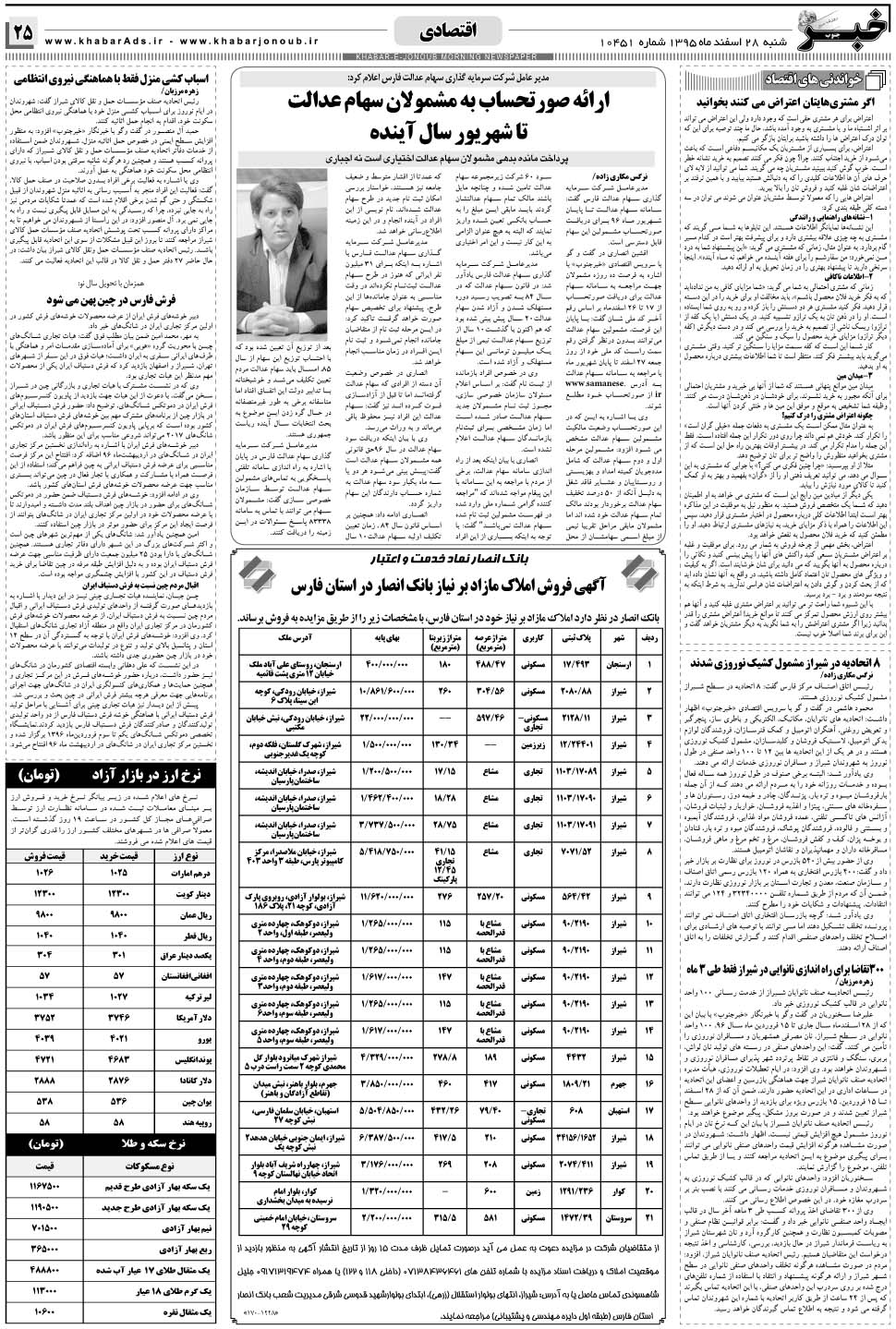 مشاهده صفحه ۲۵ روزنامه خبرجنوب تاریخ ۲۸ اسفند سال ۱۳۹۵