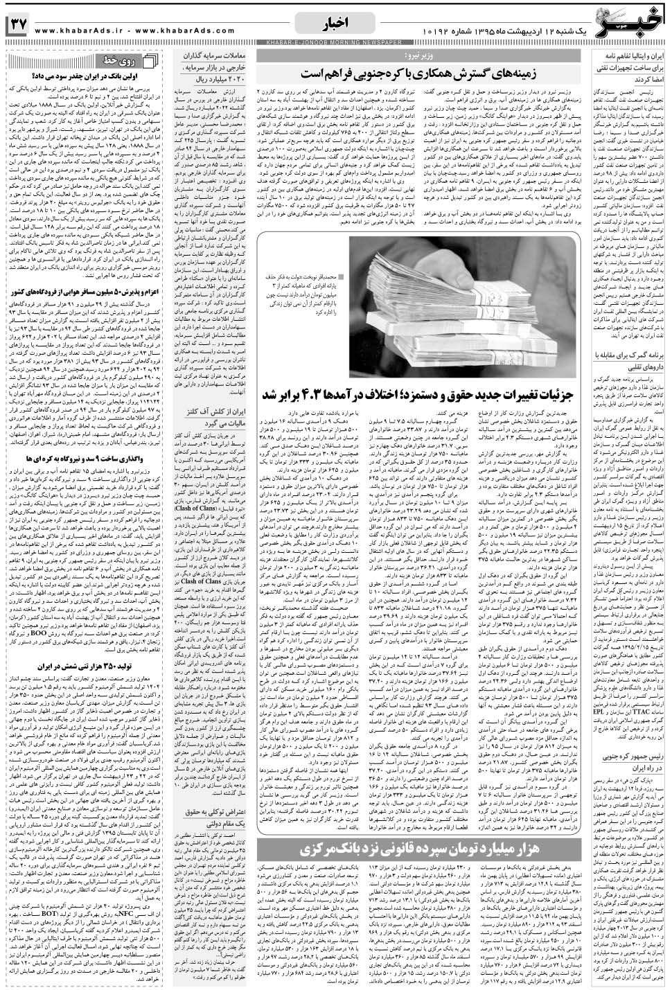 مشاهده صفحه ۳۷ روزنامه خبرجنوب تاریخ ۱۲  سال ۱۳۹۵