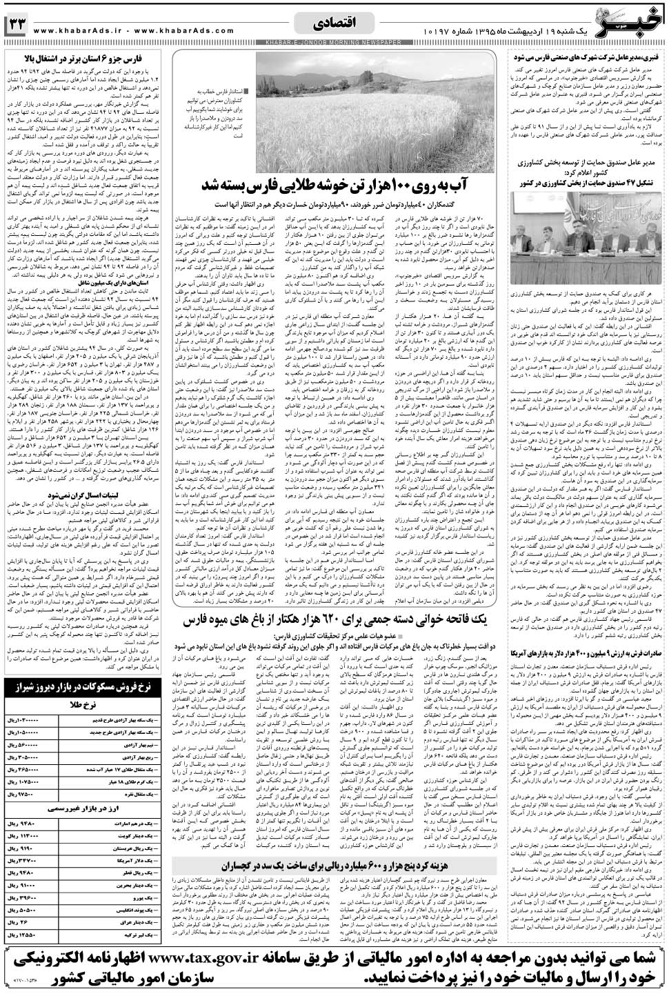 مشاهده صفحه ۳۳ روزنامه خبرجنوب تاریخ ۱۹  سال ۱۳۹۵