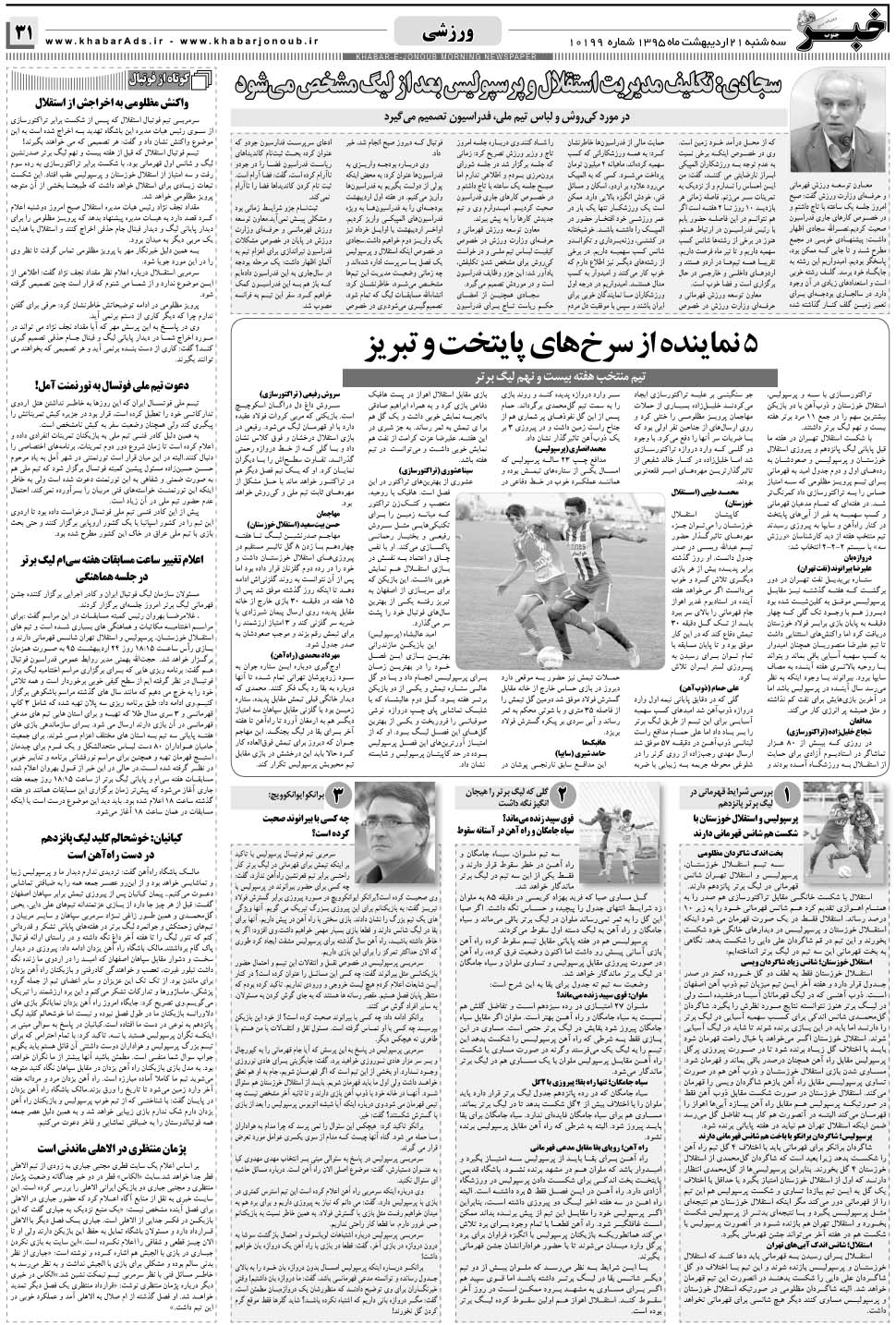 مشاهده صفحه ۳۱ روزنامه خبرجنوب تاریخ ۲۱  سال ۱۳۹۵