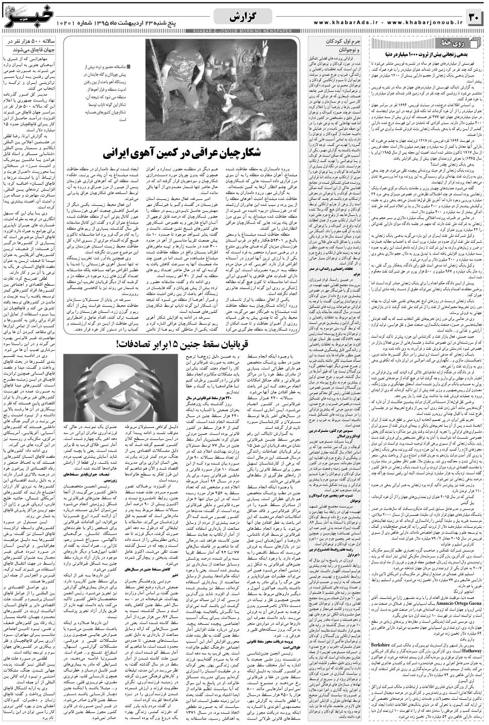 مشاهده صفحه ۳۰ روزنامه خبرجنوب تاریخ ۲۳  سال ۱۳۹۵