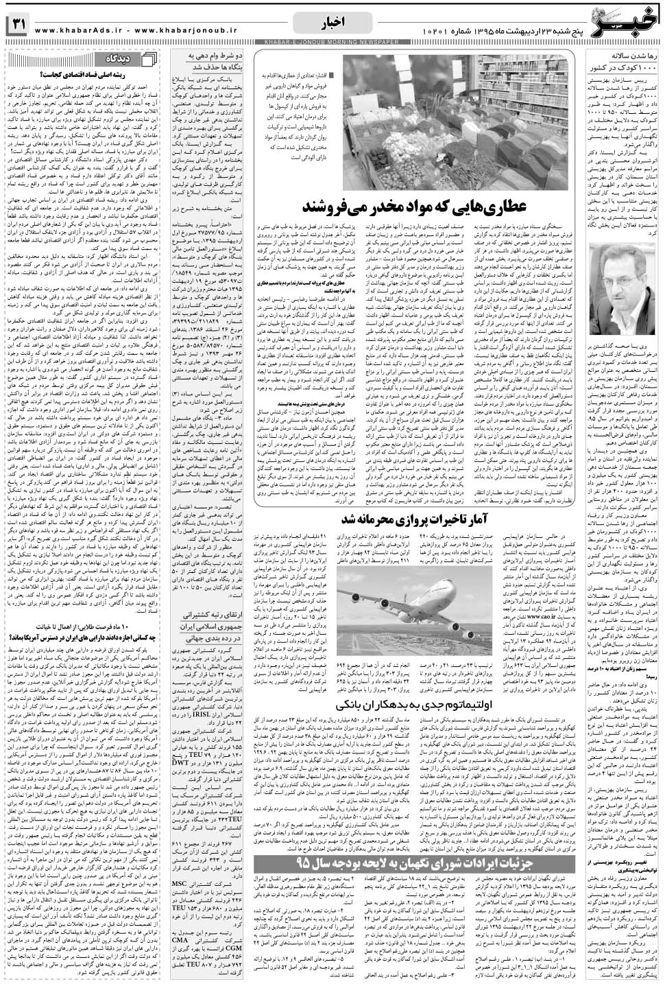 مشاهده صفحه ۳۱ روزنامه خبرجنوب تاریخ ۲۳  سال ۱۳۹۵