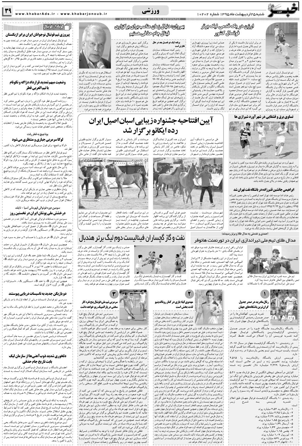 مشاهده صفحه ۳۹ روزنامه خبرجنوب تاریخ ۲۵  سال ۱۳۹۵