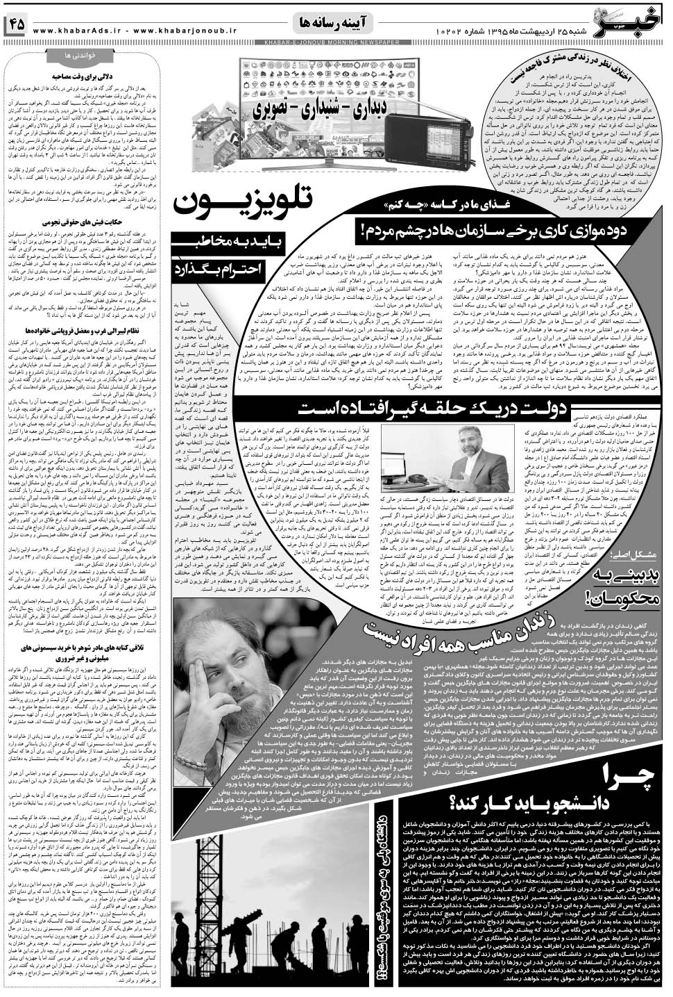 مشاهده صفحه ۴۵ روزنامه خبرجنوب تاریخ ۲۵  سال ۱۳۹۵