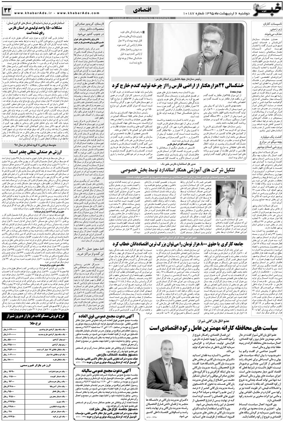 مشاهده صفحه ۳۳ روزنامه خبرجنوب تاریخ ۶  سال ۱۳۹۵