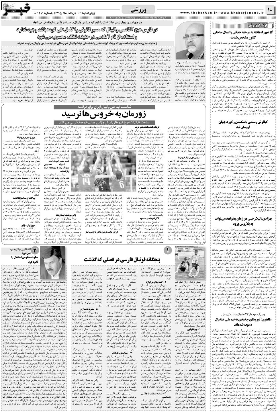 مشاهده صفحه ۱۰ روزنامه خبرجنوب تاریخ ۱۲  سال ۱۳۹۵