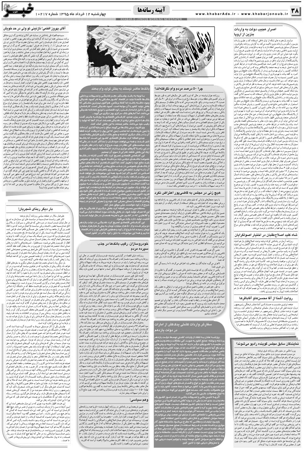 مشاهده صفحه ۳۸ روزنامه خبرجنوب تاریخ ۱۲  سال ۱۳۹۵