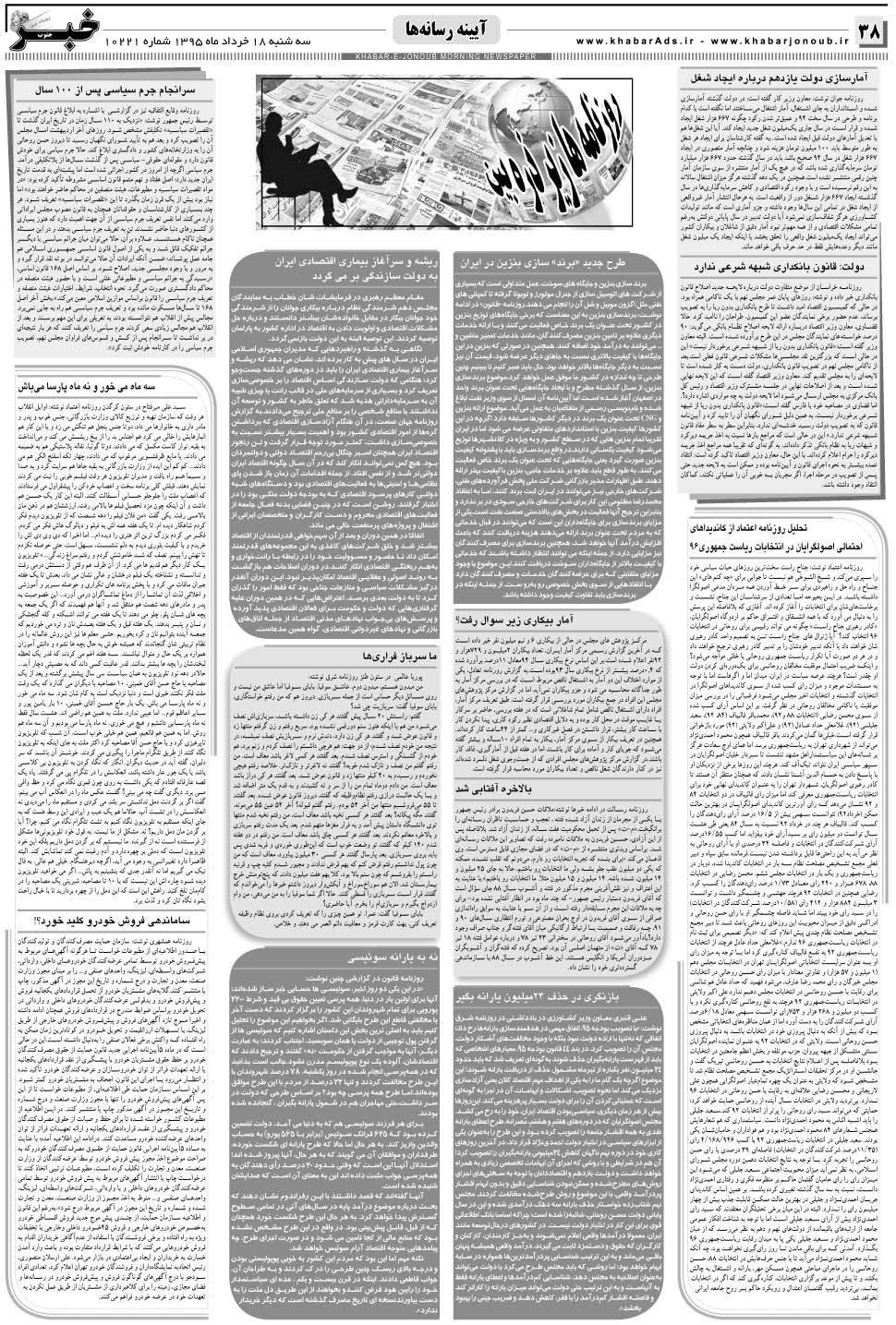 مشاهده صفحه ۳۸ روزنامه خبرجنوب تاریخ ۱۸  سال ۱۳۹۵