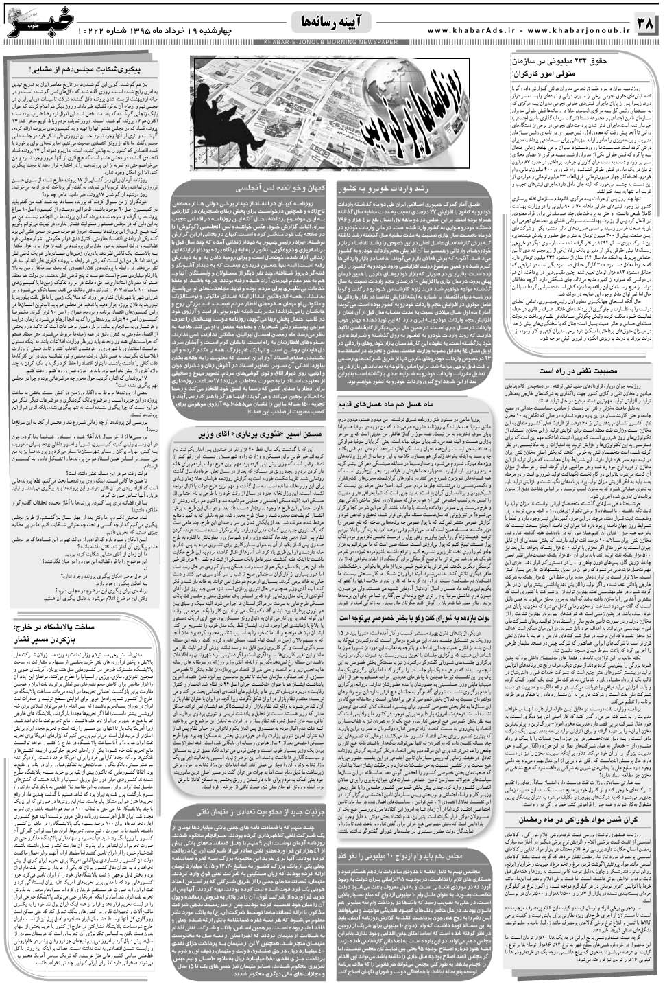 مشاهده صفحه ۳۸ روزنامه خبرجنوب تاریخ ۱۹  سال ۱۳۹۵