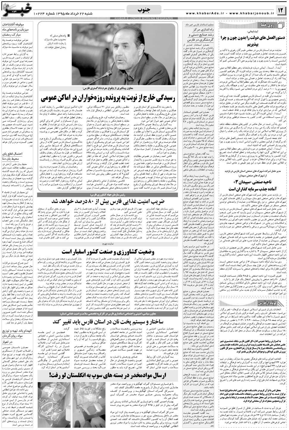 مشاهده صفحه ۱۲ روزنامه خبرجنوب تاریخ ۲۲  سال ۱۳۹۵