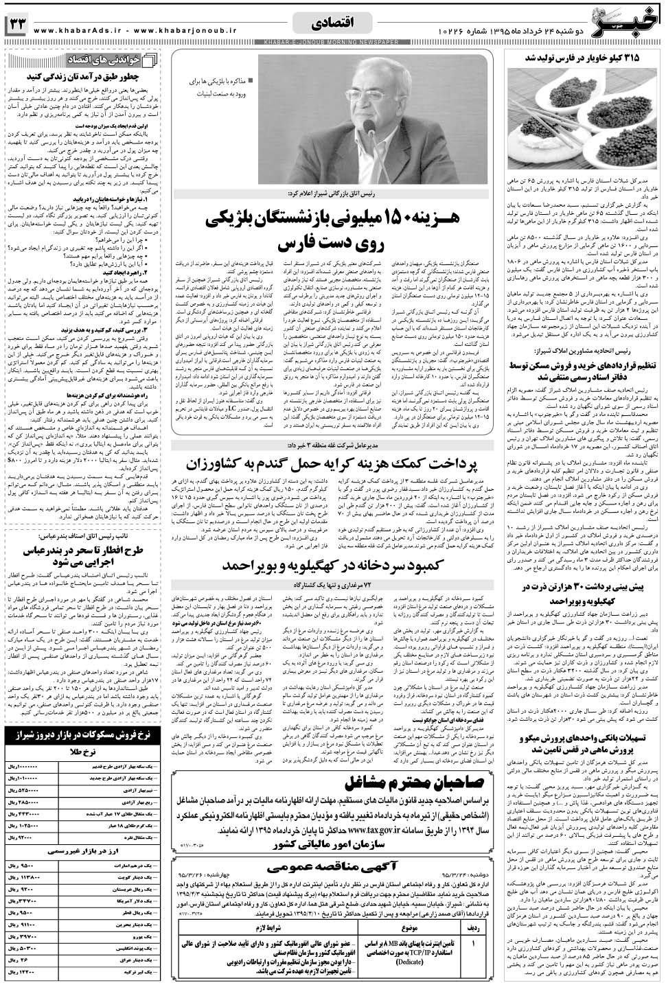 مشاهده صفحه ۳۳ روزنامه خبرجنوب تاریخ ۲۴  سال ۱۳۹۵