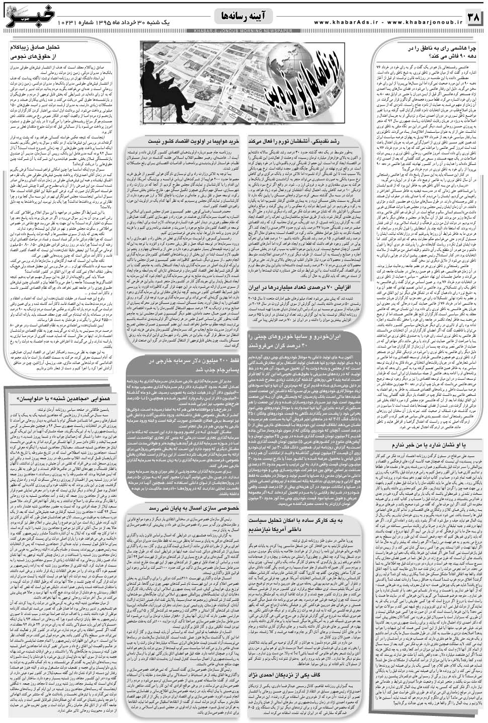 مشاهده صفحه ۳۸ روزنامه خبرجنوب تاریخ ۳۰  سال ۱۳۹۵