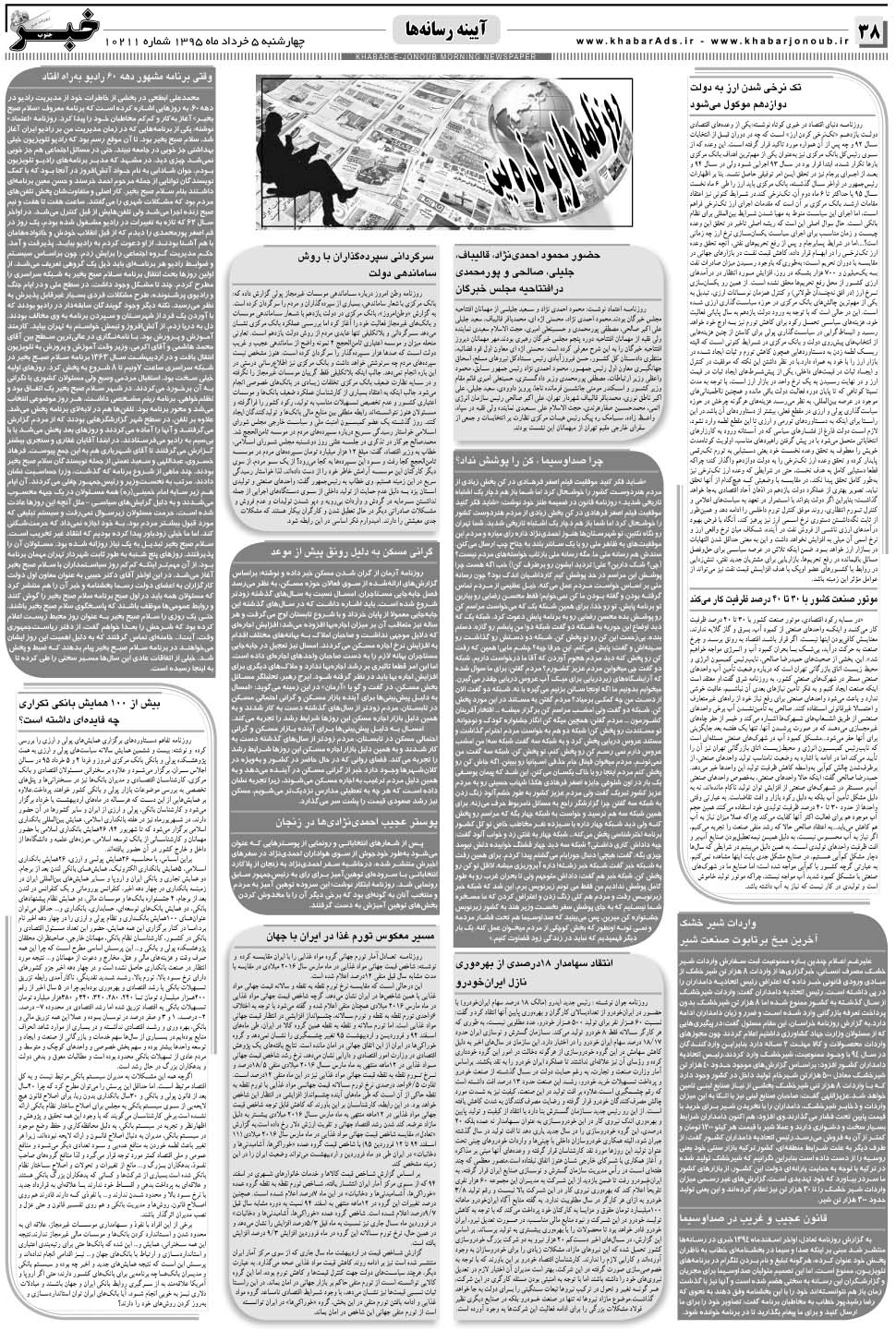 مشاهده صفحه ۳۸ روزنامه خبرجنوب تاریخ ۵  سال ۱۳۹۵