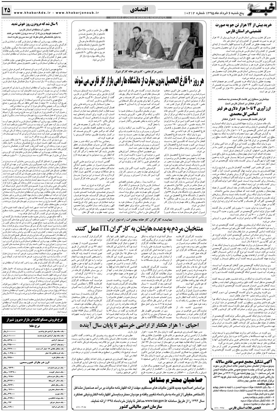 مشاهده صفحه ۲۵ روزنامه خبرجنوب تاریخ ۶  سال ۱۳۹۵