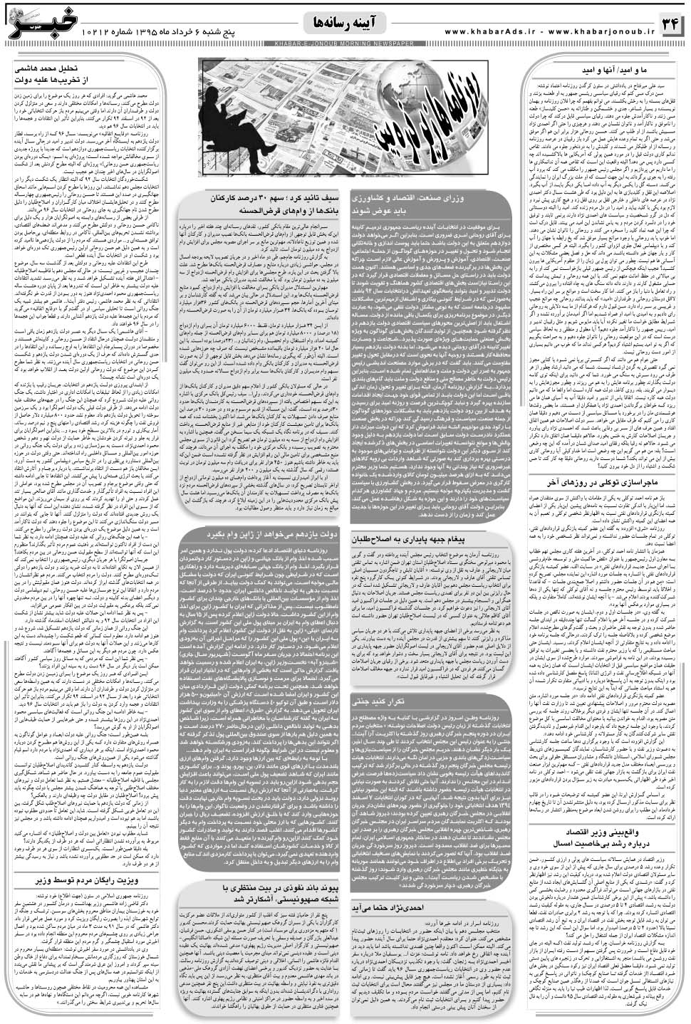 مشاهده صفحه ۳۴ روزنامه خبرجنوب تاریخ ۶  سال ۱۳۹۵