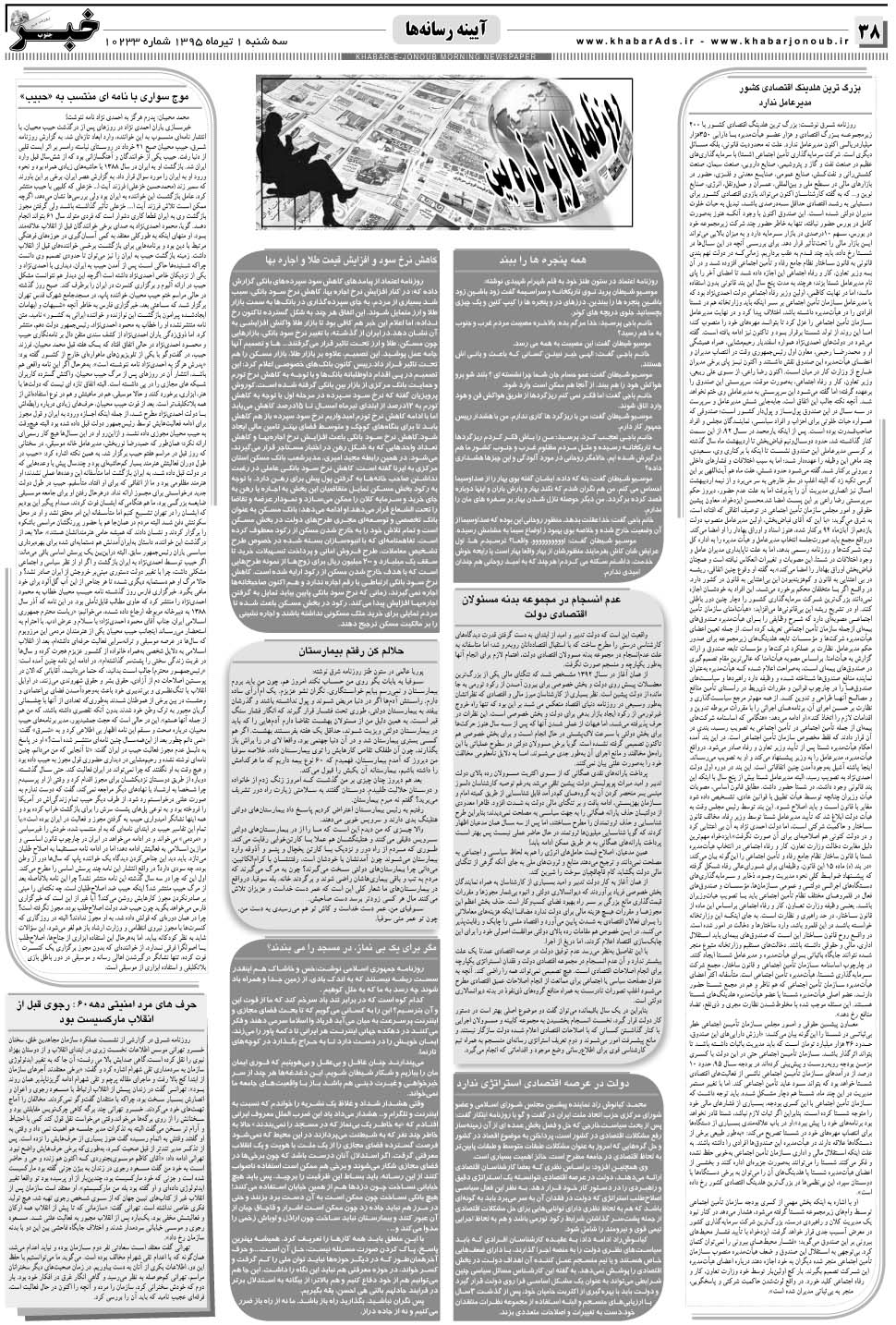 مشاهده صفحه ۳۸ روزنامه خبرجنوب تاریخ ۱  سال ۱۳۹۵