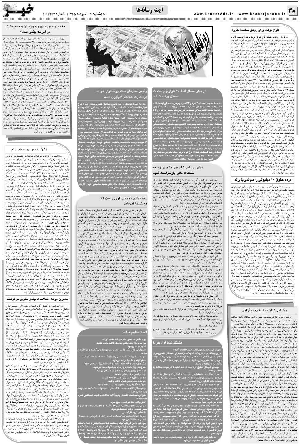 مشاهده صفحه ۳۸ روزنامه خبرجنوب تاریخ ۱۴  سال ۱۳۹۵