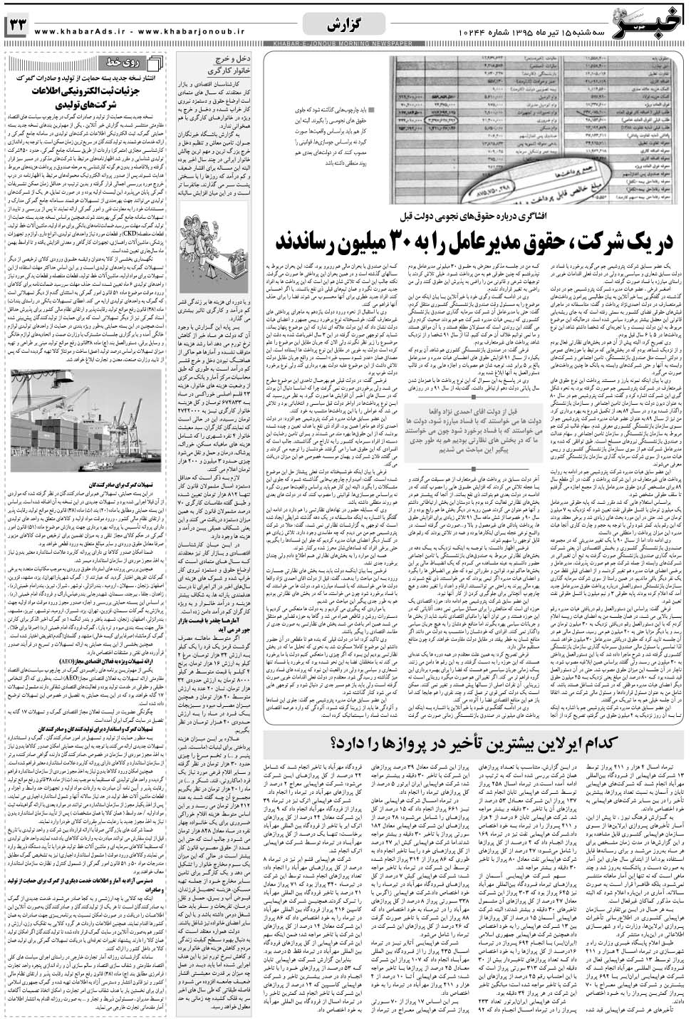 مشاهده صفحه ۳۳ روزنامه خبرجنوب تاریخ ۱۵  سال ۱۳۹۵