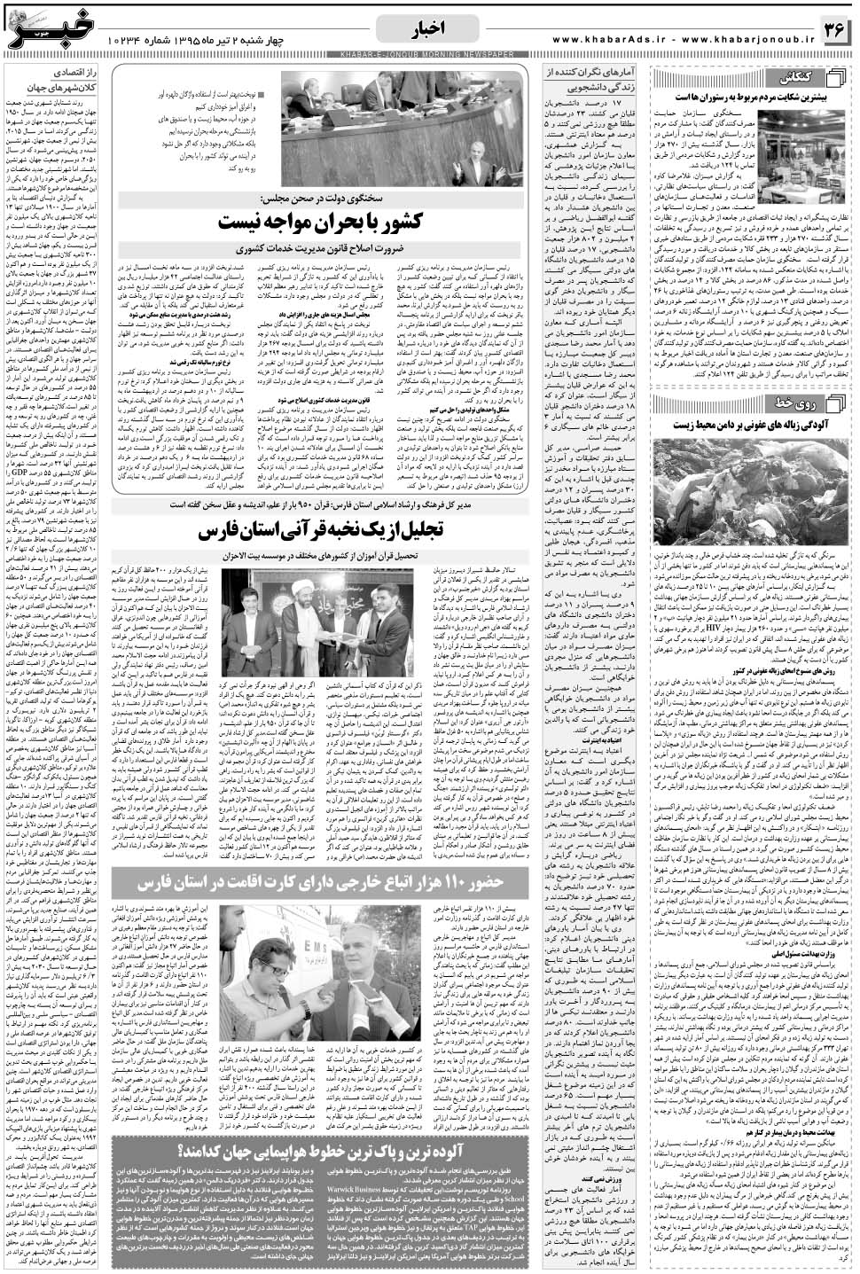 مشاهده صفحه ۳۶ روزنامه خبرجنوب تاریخ ۲  سال ۱۳۹۵
