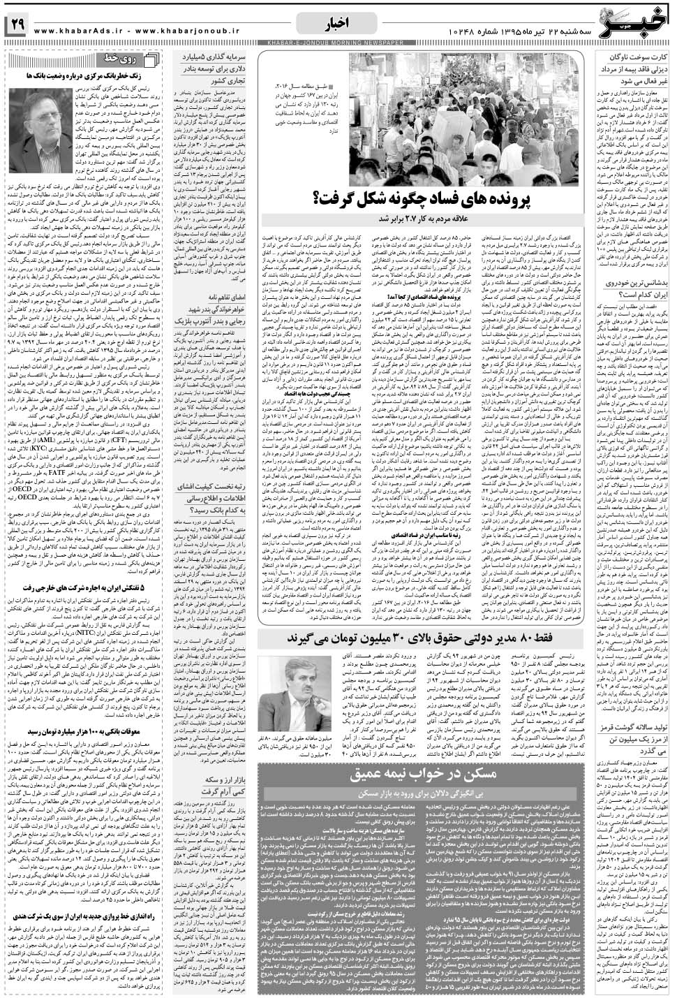 مشاهده صفحه ۲۹ روزنامه خبرجنوب تاریخ ۲۲  سال ۱۳۹۵