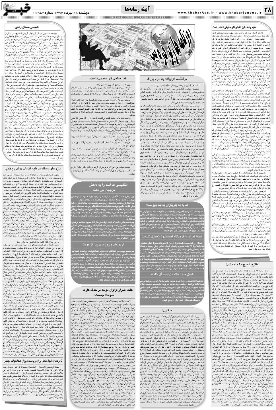 مشاهده صفحه ۳۸ روزنامه خبرجنوب تاریخ ۲۸  سال ۱۳۹۵