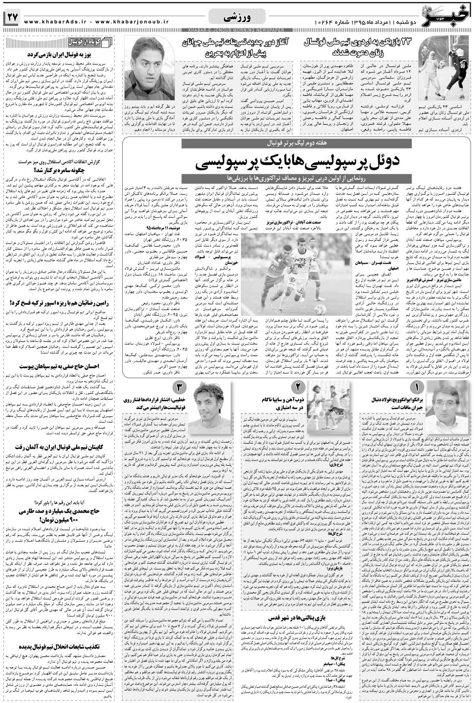 مشاهده صفحه ۲۷ روزنامه خبرجنوب تاریخ ۱۱  سال ۱۳۹۵