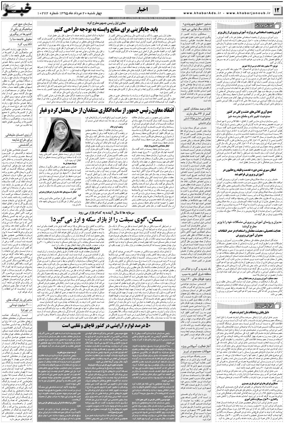 مشاهده صفحه ۱۲ روزنامه خبرجنوب تاریخ ۲۰  سال ۱۳۹۵
