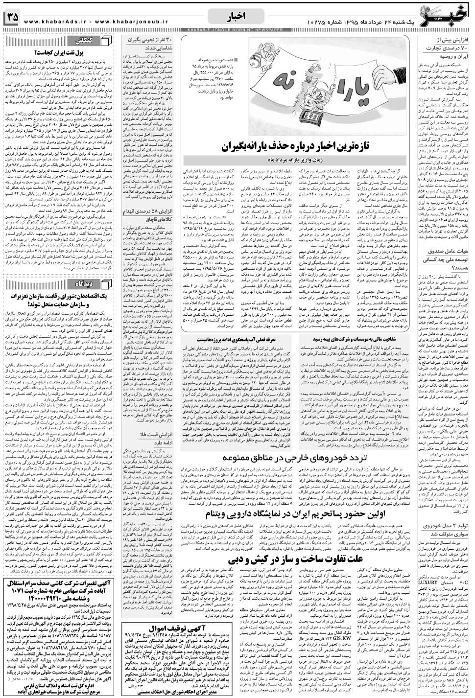 مشاهده صفحه ۳۵ روزنامه خبرجنوب تاریخ ۲۴  سال ۱۳۹۵